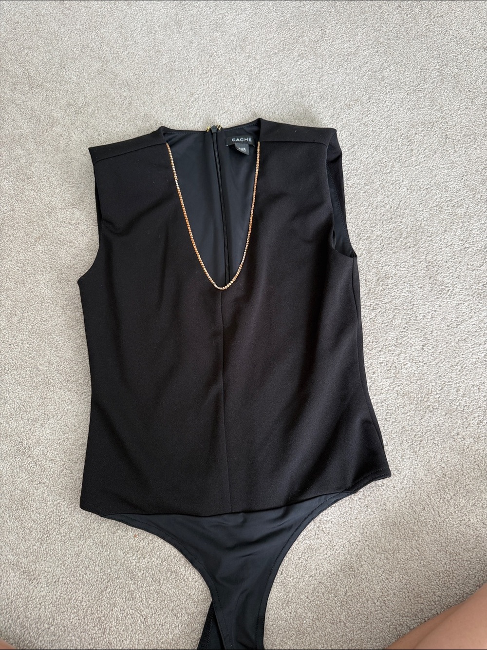 Cache Black Sleeveless V-Neck Bodysuit with Gold Chain Detail